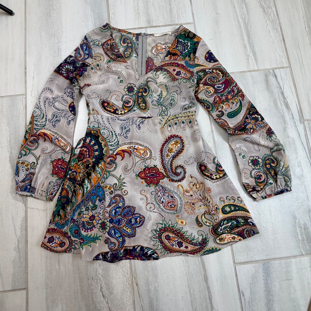 Caramela Womens Paisley Print Empire Waist Mini Dress Long Sleeve Boho Small